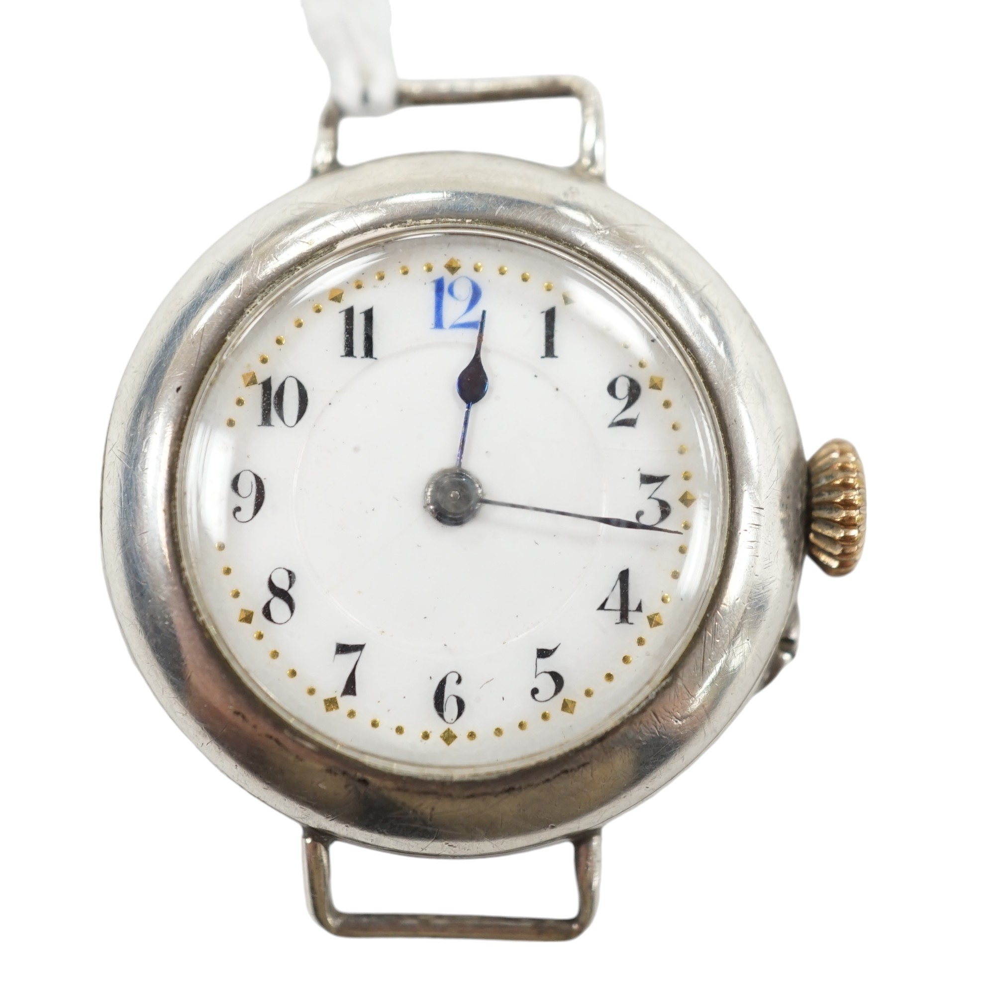 A George V silver manual wind wrist watch, with Arabic dial, no strap. Condition - poor